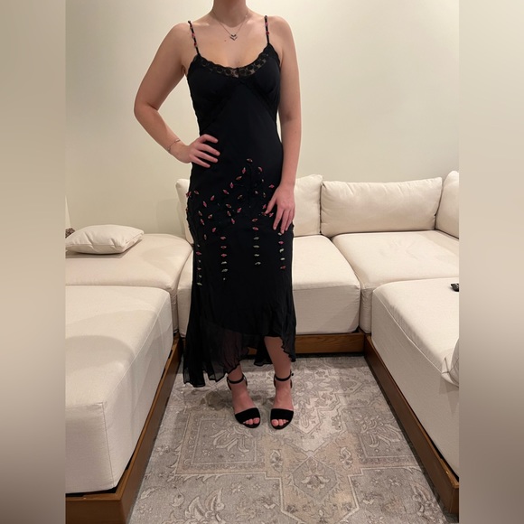 Vintage 90’s Sue Wong high low maxi Black lace Pink Roses Long Dress Size 6. - Picture 9 of 12